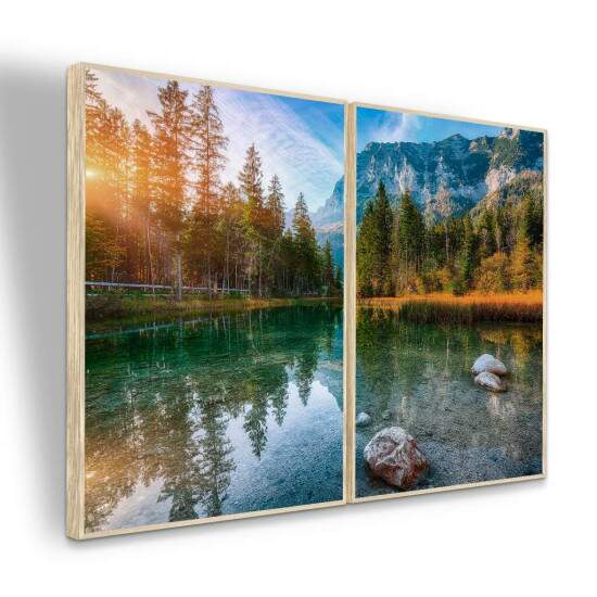 Quadro Paisagem Lago Refletido Montanhas e Floresta Natural
