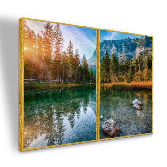 Quadro Paisagem Lago Refletido Montanhas e Floresta Natural