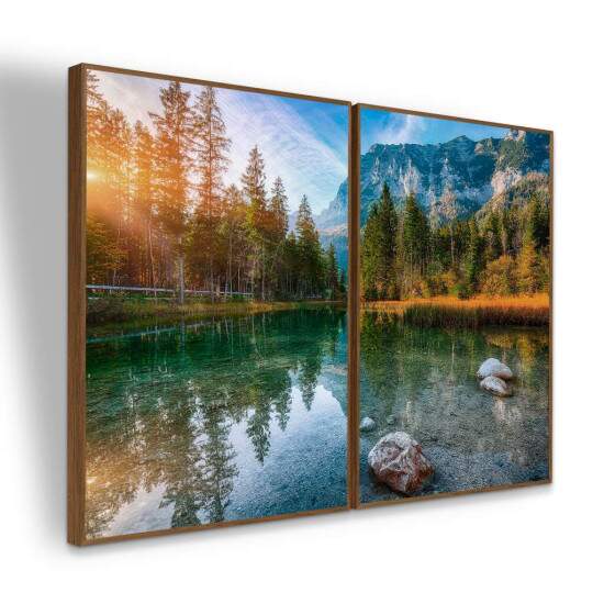 Quadro Paisagem Lago Refletido Montanhas e Floresta Natural