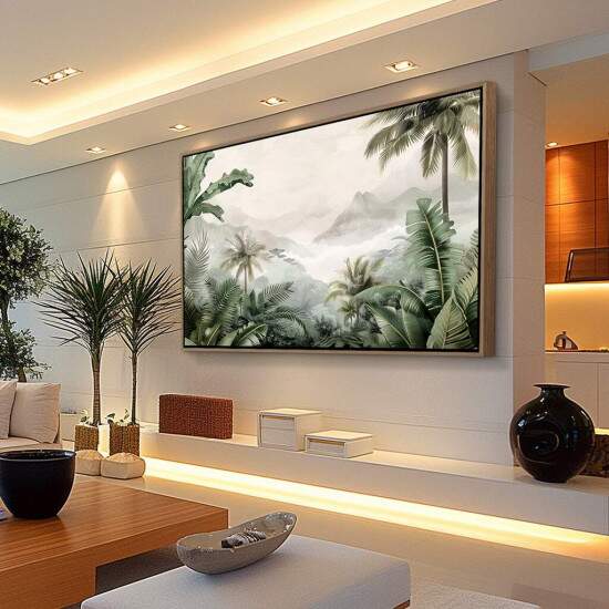 Quadro Paisagem Tropical Selva com Folhagens e Montanhas