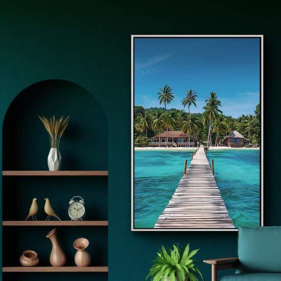 Quadro Praia Tropical com Palafita e Mar Azul Turquesa