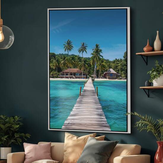 Quadro Praia Tropical com Palafita e Mar Azul Turquesa