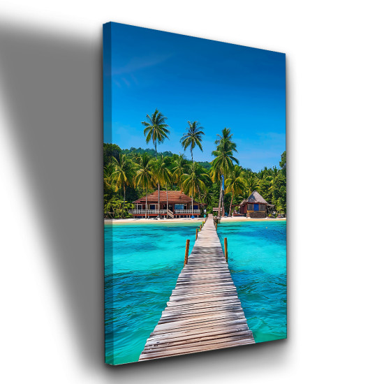 Quadro Praia Tropical com Palafita e Mar Azul Turquesa