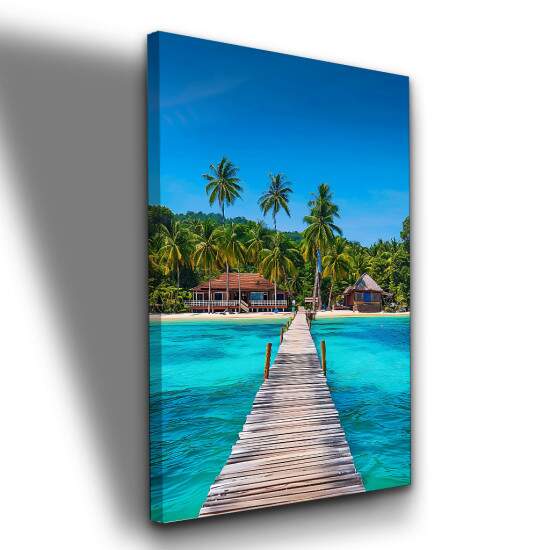Quadro Praia Tropical com Palafita e Mar Azul Turquesa