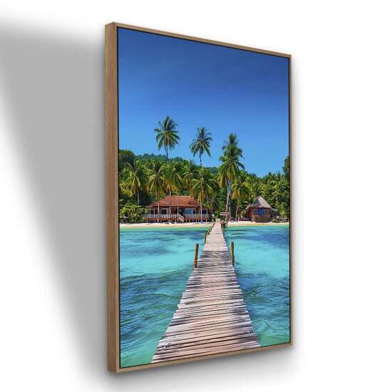 Quadro Praia Tropical com Palafita e Mar Azul Turquesa
