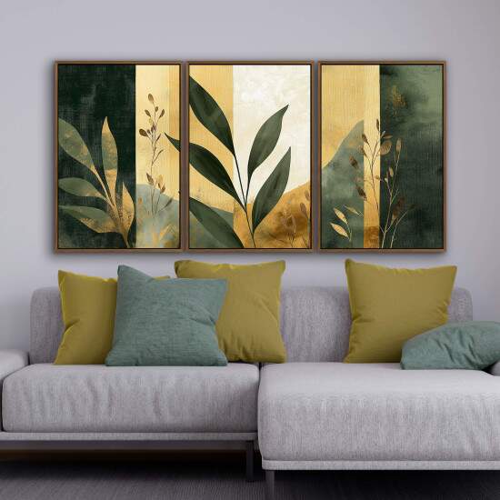 Trio de Quadros Paisagem Botnica em Tons Terrosos