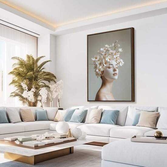 Quadro Arte Feminina Delicada Mulher com Flores Brancas