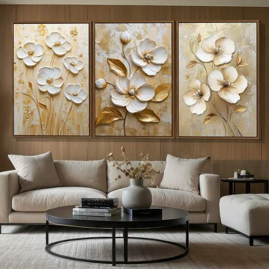 Trio de Quadros Floral Moderno Tons Ouro Branco e Bege
