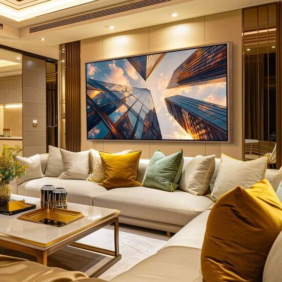 Quadro Skyline com Arranha-Cus Refletindo o Pr do Sol