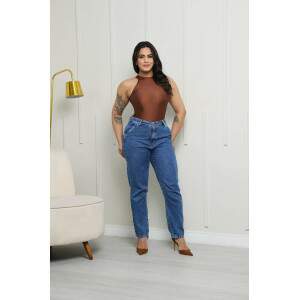 Cala Mom Jeans / bolso faca, Cintura Alta - Lavagem Sky Escuro para Estilo e Conforto