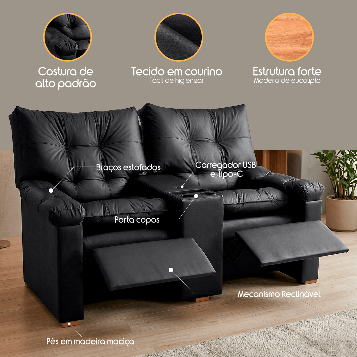 Poltrona Cinema 2 Lugares Reclinável Courino USB Tipo-C Porta