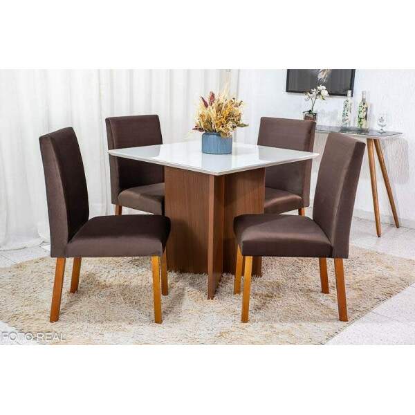 Mesa de Jantar Helo 9090 Tampo MDF Vidro Off 4 Cad. Roma Veludo Marrom 509 Poliman