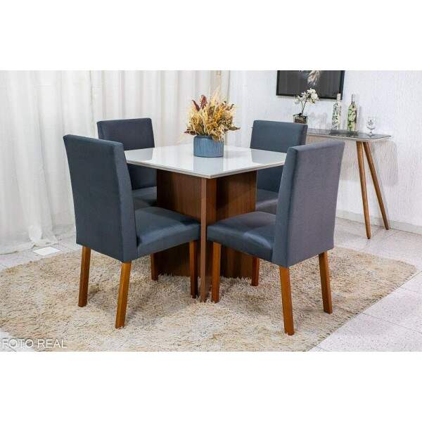 Mesa de Jantar Helo 9090 Tampo MDF Vidro Off 4 Cad. Roma Veludo Cinza 507 Poliman