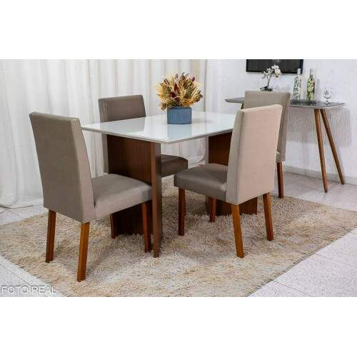 Mesa de Jantar Helo 12090 Tampo MDF Vidro Off 4 Cad. Roma Veludo Bege 506 Poliman