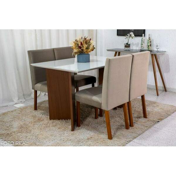 Mesa de Jantar Helo 12090 Tampo MDF Vidro Off 4 Cad. Roma Veludo Bege 506 Poliman