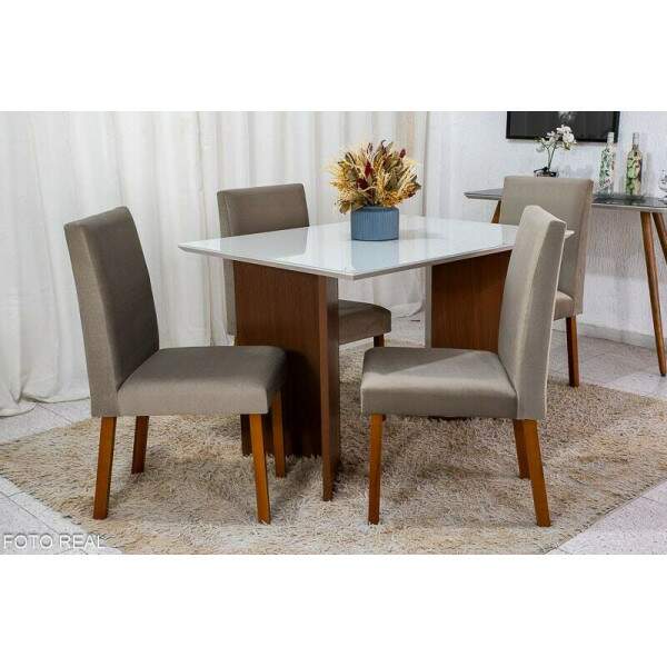 Mesa de Jantar Helo 12090 Tampo MDF Vidro Off 4 Cad. Roma Veludo Bege 506 Poliman