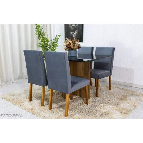 Mesa de Jantar Helo 12090 Tampo Grafite Vidro Preto 4 Cad. Roma Veludo Cinza 507