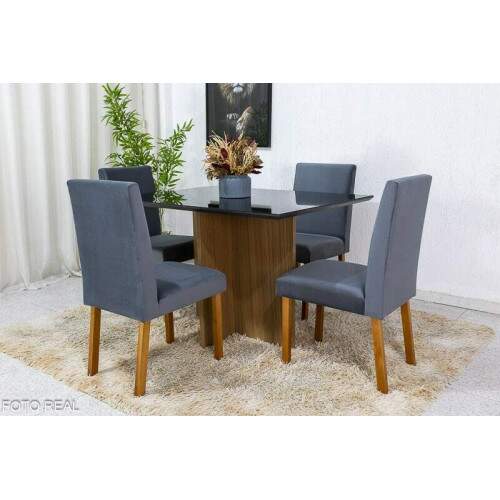 Mesa de Jantar Helo 12090 Tampo Grafite Vidro Preto 4 Cad. Roma Veludo Cinza 507