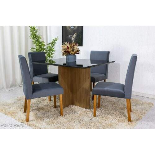 Mesa de Jantar Helo 12090 Tampo Grafite Vidro Preto 4 Cad. Roma Veludo Cinza 507