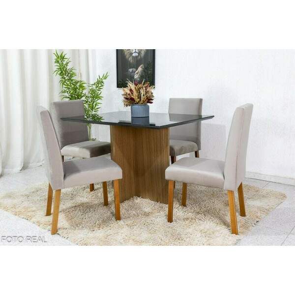 Mesa de Jantar Helo 12090 Tampo MDF Vidro Preto 4 Cad. Roma Veludo Bege 506 Poliman