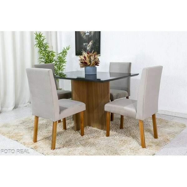 Mesa de Jantar Helo 12090 Tampo MDF Vidro Preto 4 Cad. Roma Veludo Bege 506 Poliman