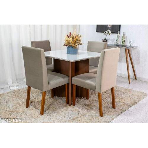 Mesa de Jantar Helo 9090 Tampo MDF Vidro Off 4 Cad. Roma Veludo Bege 506