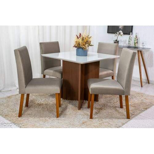 Mesa de Jantar Helo 9090 Tampo MDF Vidro Off 4 Cad. Roma Veludo Bege 506