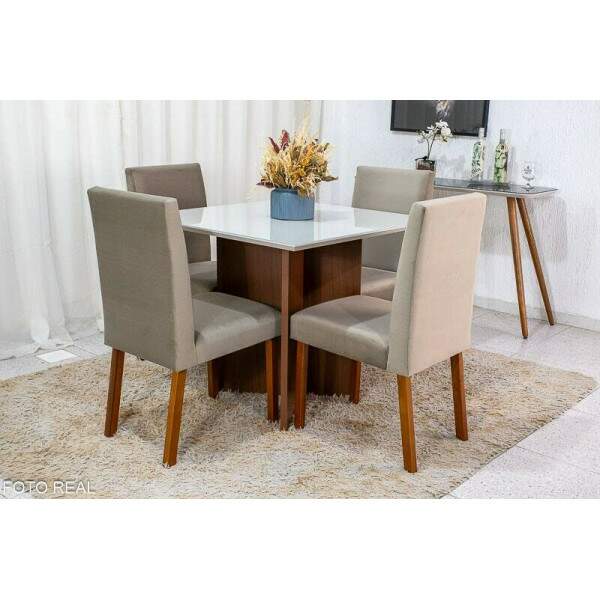 Mesa de Jantar Helo 9090 Tampo MDF Vidro Off 4 Cad. Roma Veludo Bege 506