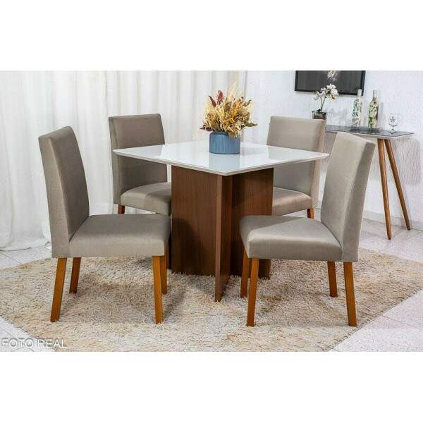 Mesa de Jantar Helo 9090 Tampo MDF Vidro Off 4 Cad. Roma Veludo Bege 506