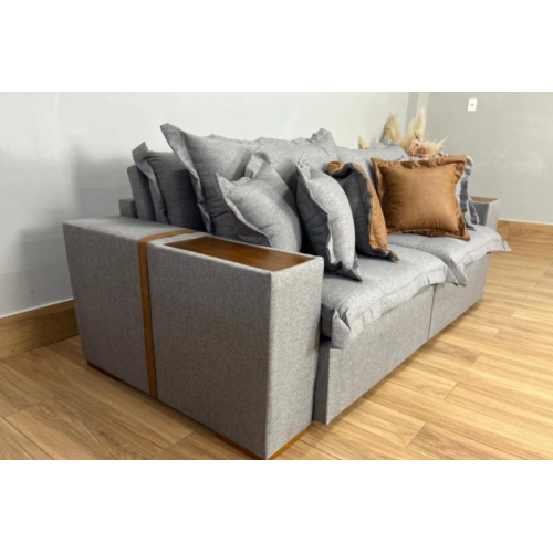 Sof Cama Retrtil Gabriela 2.10m Linho Cinza/Marrom Courino