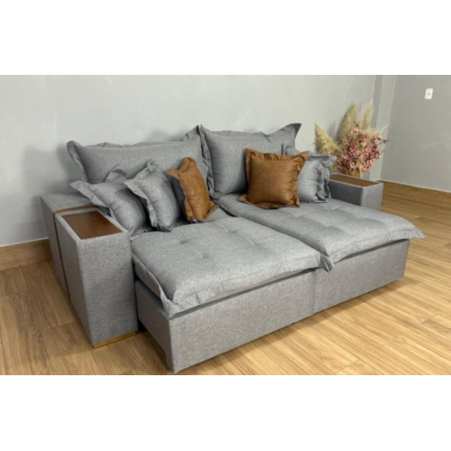 Sof Cama Retrtil Gabriela 2.10m Linho Cinza/Marrom Courino
