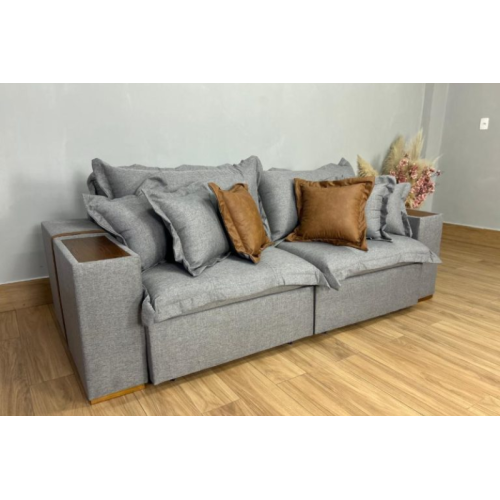 Sof Cama Retrtil Gabriela 2.10m Linho Cinza/Marrom Courino