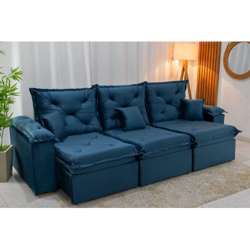 Sof Retrtil Reclinvel Porto 2.70m Veludo Azul - D28 Pr Aditivada