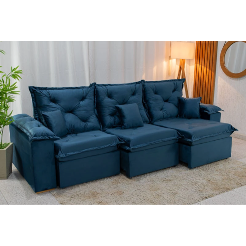 Sof Retrtil Reclinvel Porto 2.70m Veludo Azul - D28 Pr Aditivada