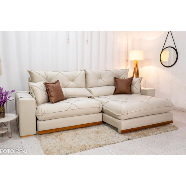 Sof Retrtil Reclinvel Bello Plus 2.90m Veludo Bege Claro - D33 e Molas Ensacadas