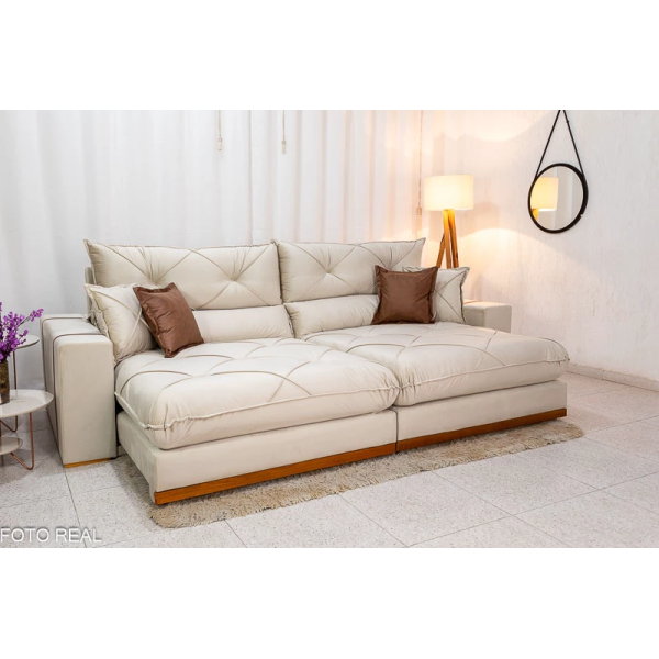 Sof Retrtil Reclinvel Bello Plus 2.90m Veludo Bege Claro - D33 e Molas Ensacadas