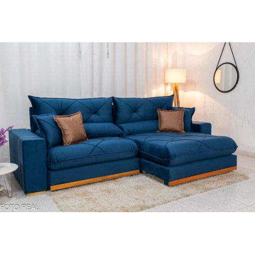 Sof Retrtil Reclinvel Bello Plus 2.90m Veludo Azul - D33 e Molas Ensacadas