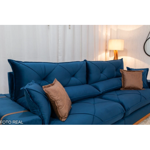 Sof Retrtil Reclinvel Bello Plus 2.90m Veludo Azul - D33 e Molas Ensacadas