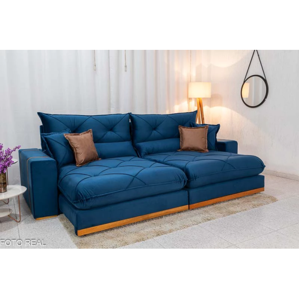 Sof Retrtil Reclinvel Bello Plus 2.90m Veludo Azul - D33 e Molas Ensacadas