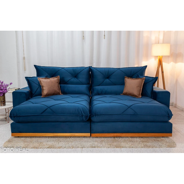 Sof Retrtil Reclinvel Bello Plus 2.90m Veludo Azul - D33 e Molas Ensacadas