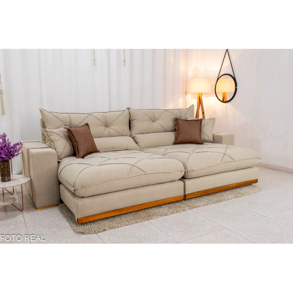 Sof Retrtil Reclinvel Bello Plus 2.90m Linho Bege - D33 e Molas Ensacadas