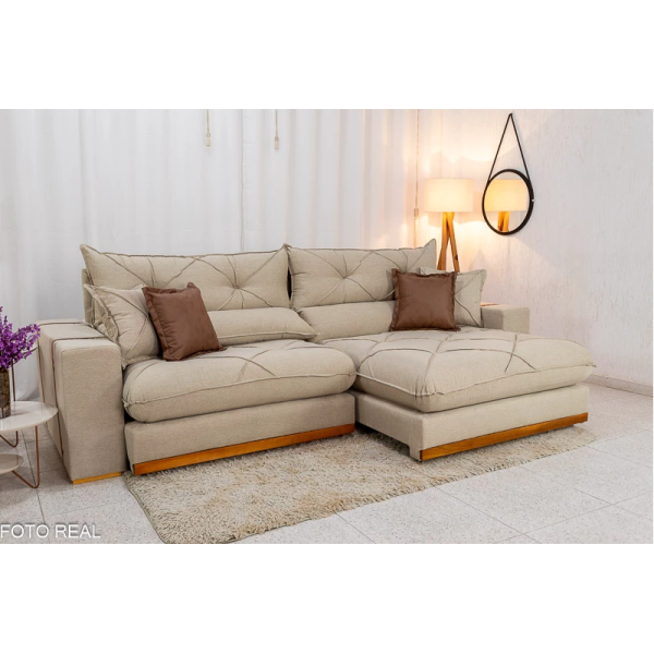 Sof Retrtil Reclinvel Bello Plus 2.90m Linho Bege - D33 e Molas Ensacadas