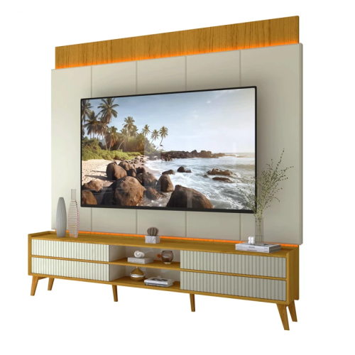 Rack Magnfico 212 + Painel Magnfico 220 Nature/Off C/LED e Detalhe Ripado Larg. 2.18m Gelius