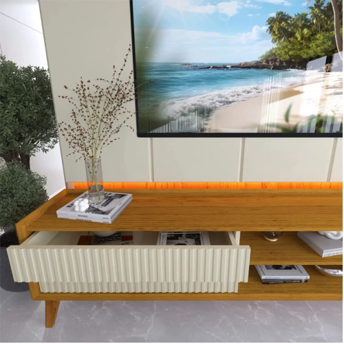 Rack Magnfico 212 + Painel Magnfico 220 Nature/Off C/LED e Detalhe Ripado Larg. 2.18m Gelius