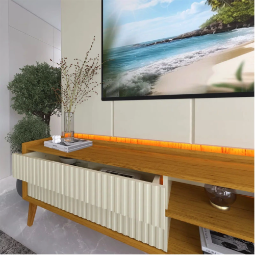 Rack Magnfico 212 + Painel Magnfico 220 Nature/Off C/LED e Detalhe Ripado Larg. 2.18m Gelius