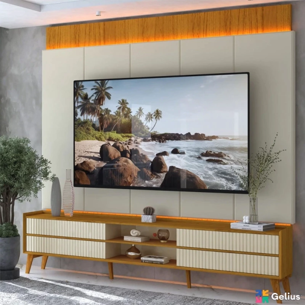 Rack Magnfico 212 + Painel Magnfico 220 Nature/Off C/LED e Detalhe Ripado Larg. 2.18m Gelius