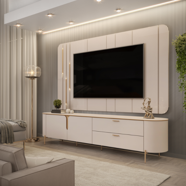 Painel + Bancada Celine Off White Larg. 2.41m - DJ Moveis