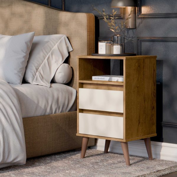 Mesa de Cabeceira Retr Roma 2 Gavetas 1 Nicho Freijo/Off White EJ Moveis