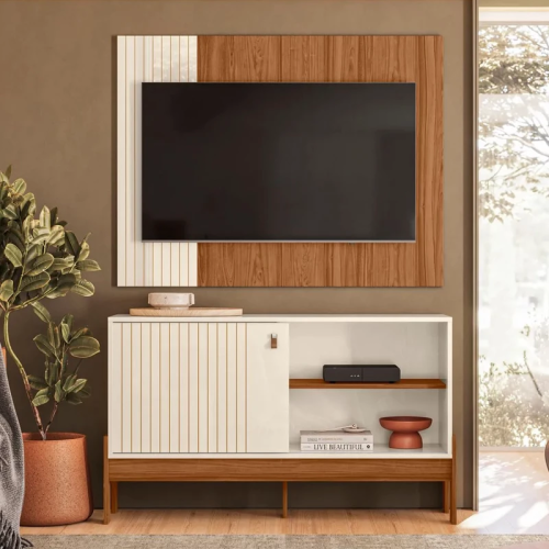 Rack e Painel Wood Prola Metalizada-Cinamomo Mel Larg. 1.20m - Mobler