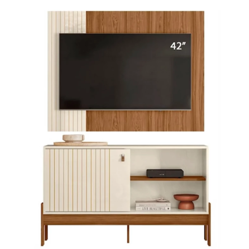 Rack e Painel Wood Prola Metalizada-Cinamomo Mel Larg. 1.20m - Mobler